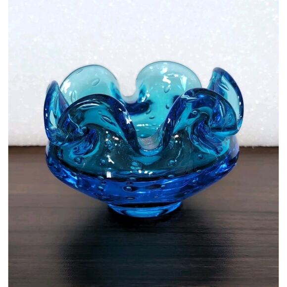 Unmarked Other - Vintage Blue Hand Blown Art Glass Bowl Murano Style Controlled Bubble MCM